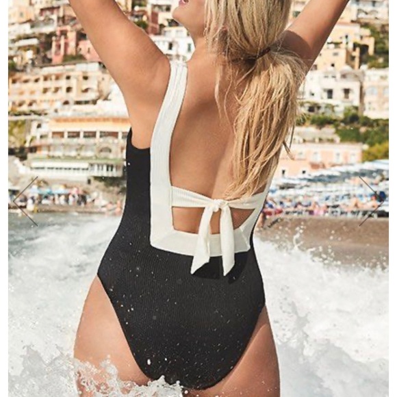 Ribbed black and white tie-back swimsuit - Picture 3 of 3